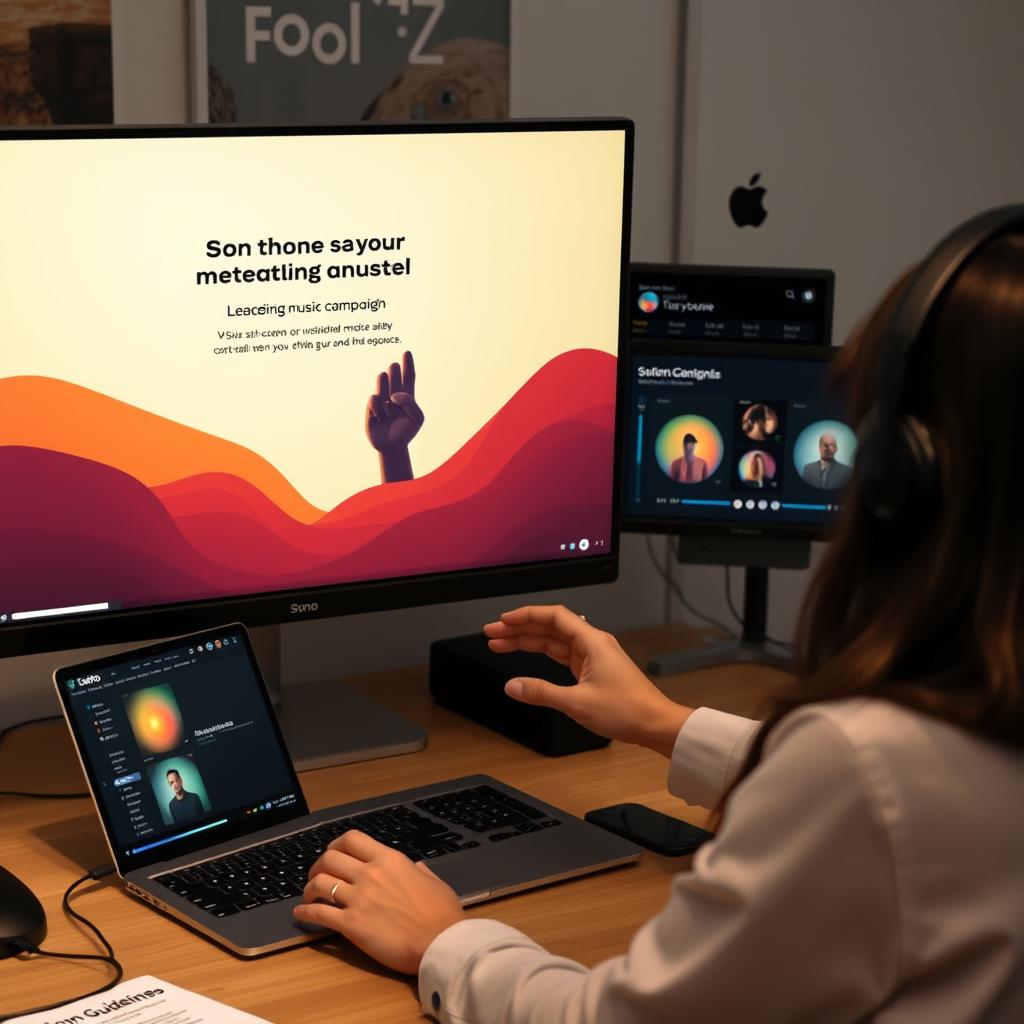 Маркетолог использует Suno AI для создания музыки для рекламы Маркетолог использует Suno AI для создания музыки для рекламы